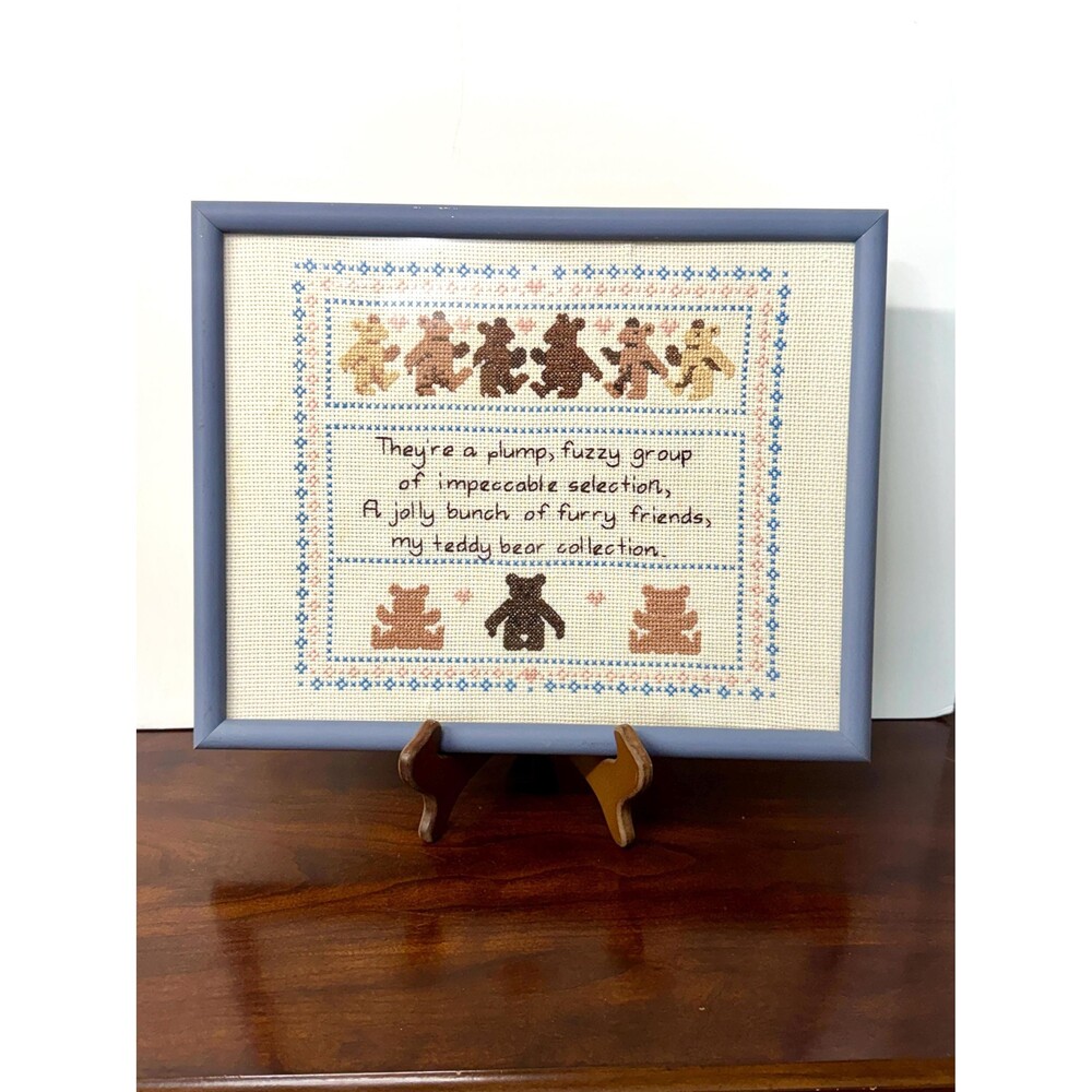 Vintage Teddy Bear Cross Stitch Sampler Framed Nursery Wall Art 12x15